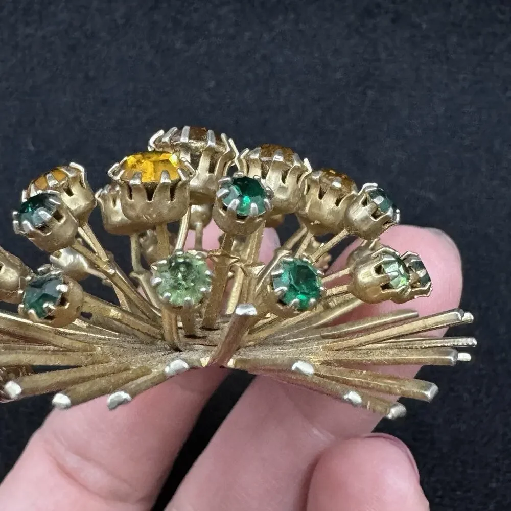 Vtg Atomic Starburst Fireworks Cluster Burst Brooch Uranium Glass Rhinestones